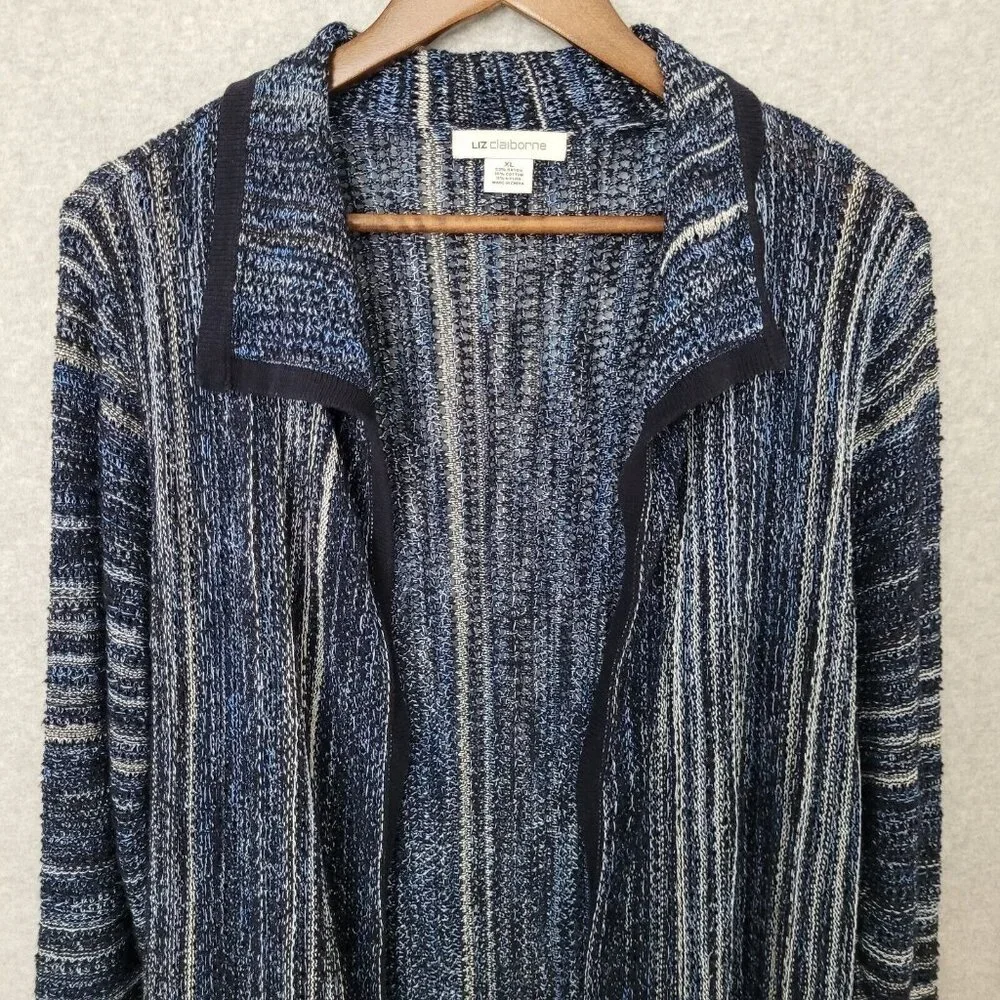 Liz Claiborne Womens Crochet Open Cardigan Size XL Navy 3/4 Sleeve Lagenlook - Picture 3 of 11